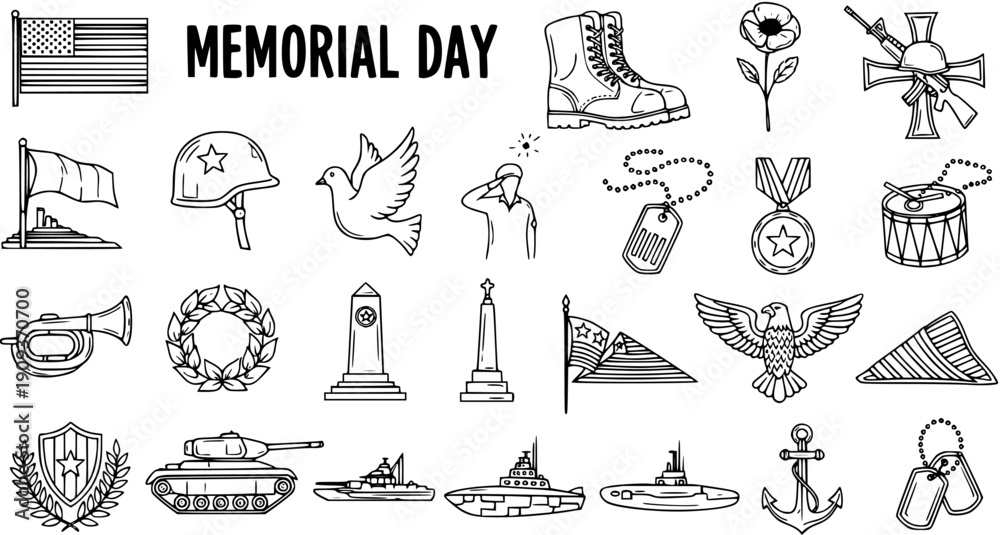 Obraz premium Memorial Day Military Hand Drawn Line Art Icon Set. Patriotic Remembrance Doodles Outline Symbols for Veterans Celebration.
