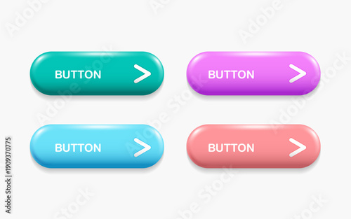 Set of 3D generate buttons with vibrant neon gradient borders and magic sparkles. Glossy white and blue elements for content creation and futuristic software design. Vector illustration on background.