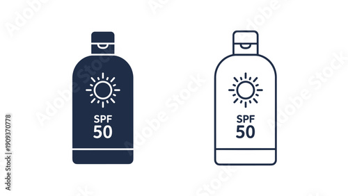 Minimalist icons of sunscreen bottles with SPF 50 label and sun symbol representing sun protection and summer skin care.
