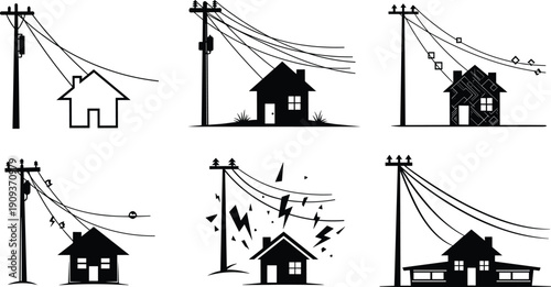 House under power lines, electrical hazard, utility pole, damaged wires, safety risk, residential energy, spark danger, technical illustration, infrastructure issue, warning icon