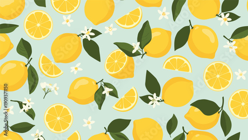 Refreshing lemon pattern with whole fruits, slices, green leaves, and white blossoms on a light blue background.