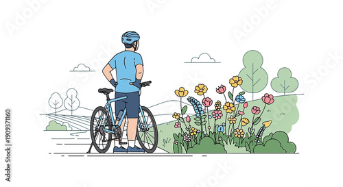 Man with Bicycle Admiring Wildflowers in a Summer Landscape