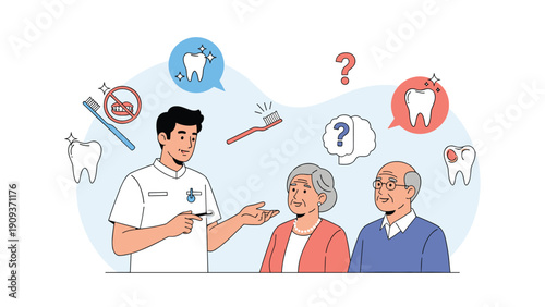 Professional male dentist explaining dental health and hygiene to an elderly couple using various tooth-related visual icons.