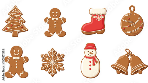 Assorted Christmas gingerbread cookies in shapes like tree, man, snowman, snowflake, and bell with white icing.