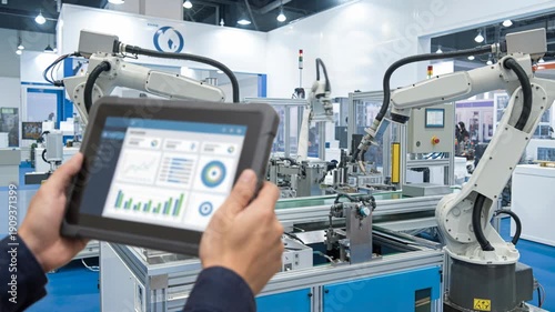 Industrial robot arm automation factory control tablet dashboard showing production data logistics analytics and machine status for modern robotic