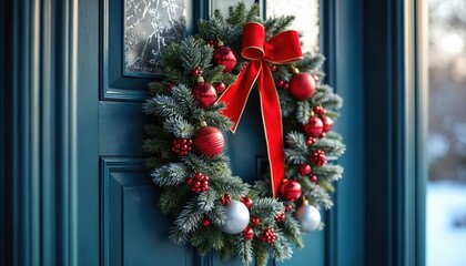 Christmas wreath with red bow and ornaments hangs on dark teal door. Evergreen branches and red berries welcome winter holidays at home. Festive decor signals season greetings and joyful spirit.