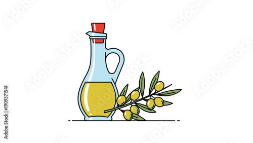 Elegant glass bottle of golden olive oil with an olive branch and green olives isolated on a white background.
