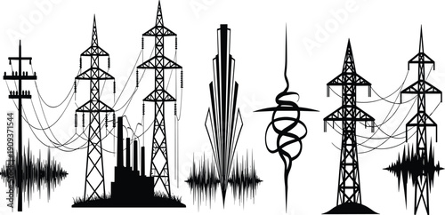 Industrial energy power line pylon silhouettes with factory building, electric transmission towers, sound wave frequency, and abstract technical design elements.