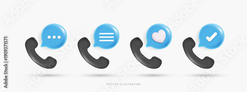3D Vector Phone Call Icon Set with Notification Speech Bubbles, Telephone Handset with Chat Heart and Checkmark Symbols for Customer Support, Contact Us and Communication UI UX Design.