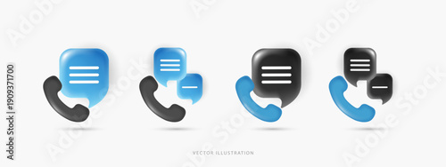 3D Vector Phone Receiver with Speech Bubbles Set, Black and Blue Telephone Handset Icons for Customer Support Messaging and Contact Center UI UX Design Elements on Isolated Background.