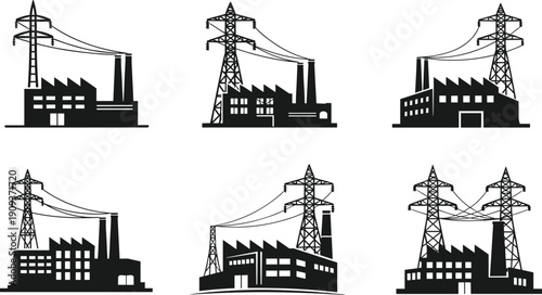 Industrial factory building with electric power line pylon silhouettes, energy generation and manufacturing plant icons set, black vector line illustrations.