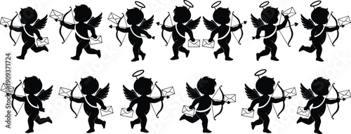 Cupid, silhouette, envelope, bow, arrow, wings, child, love, heart, Valentine, icon, pattern, repeat, halo, black, white, vector, illustration, design, romance