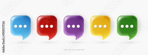Set of colorful 3D speech bubble icons with ellipsis dots. Minimal chat message notification symbols for social media, online communication, and UI design. vector illustration on white background.