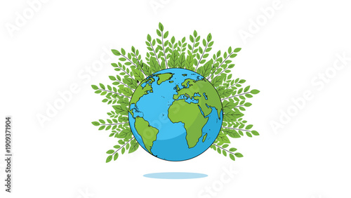 Planet Earth surrounded by lush green branches and leaves representing environmental protection and global ecology.