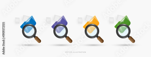 3D Vector Document File Search Icon Set, Colorful Folders with Magnifying Glass for Data Management, Discovery and Information Research UI UX Design Elements on White Background.