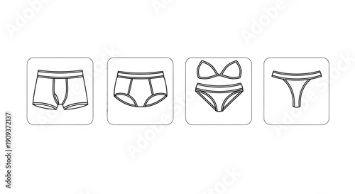 Set of Underwear Icons: Boxer Briefs, Briefs, Bikini, Thong - Line Art