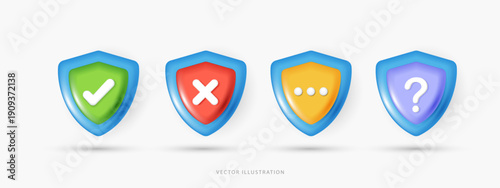 3D Security Shield Icon Set with Checkmark, Cross, Dots and Question Mark Symbols, Colorful Protection Guards for Cyber Security, Privacy Policy and Data Safety UI UX Design Elements Vector.