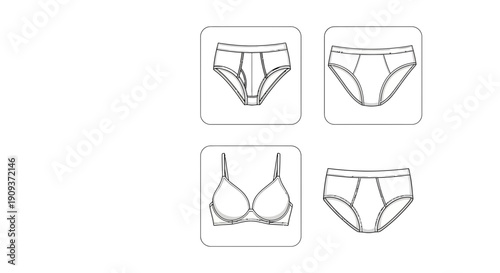 Set of Underwear Icons: Briefs, Bikini, and Bra - Line Art Fashion Design