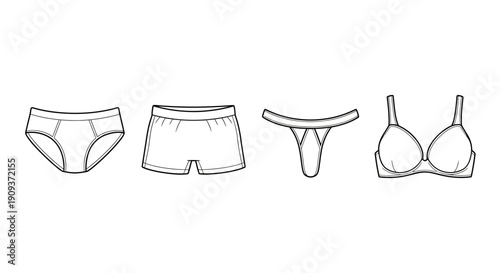 Set of Underwear Icons: Bra, Panties, Thong, Boxer Briefs - Line Art