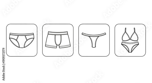 Set of Underwear Icons: Briefs, Boxer Briefs, Thong, Bra and Panty - Line Art
