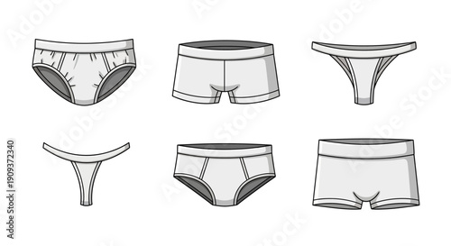 Set of white underwear icons: briefs, boxer briefs, thongs, and bikini style for men and women.