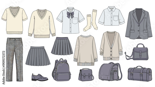 Extensive collection of school uniforms, bags, and accessories for boys and girls including blazers, skirts, and various backpacks.