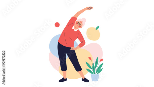 Healthy senior woman doing stretching exercises and side bends for fitness and wellness in a bright, modern setting.