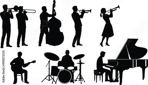 Jazz band silhouette collection, musicians playing trumpet trombone double bass guitar drums and piano, live music concert performance, black vector isolated on white