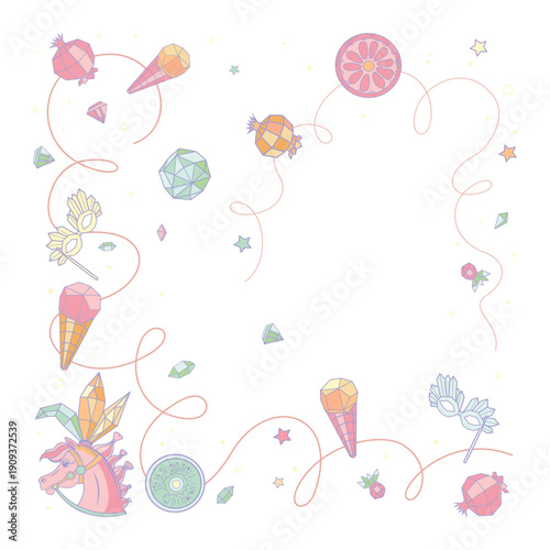 Pastel hand-drawn decorative frame with cute doodle elements including ice cream, citrus slice, crystals, flowers and abstract shapes. Light and playful border composition with soft colors