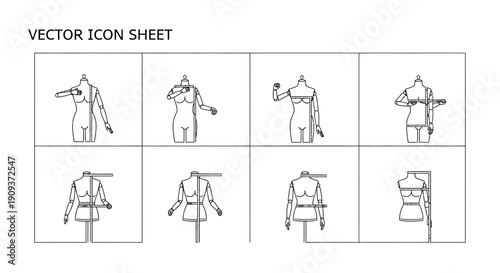 Vector Icon Sheet: Tailoring Mannequin with Measuring Tape, Fashion Design Symbols