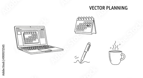 Vector Planning: Laptop, Calendar, Pen, Coffee Cup - Business Organization Concept