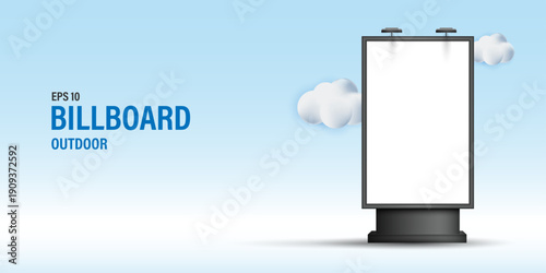 Outdoor Billboard Mockup Banner, Blank Vertical City Light Poster with Clouds for Advertising and Marketing Display, Real Estate Signage and Promotion Design Template on Blue Background.