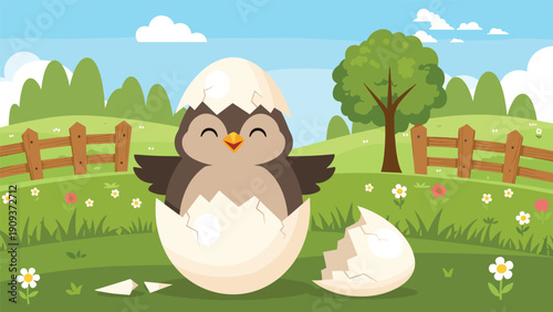 Cute little brown chick hatching from a white egg in a green meadow with a wooden fence and tree in the background.