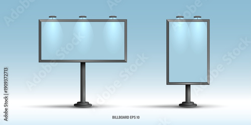 Outdoor Billboard Mockup Set, Blank Horizontal and Vertical Advertising Signage Templates, City Light Poster and Large Signboard Collection for Marketing Display on Blue Background Vector.