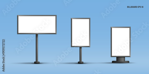 Outdoor Billboard Mockup Set, Blank Horizontal and Vertical Advertising Signage Templates, City Light Poster and Large Signboard Collection for Marketing Display on Blue Background Vector.
