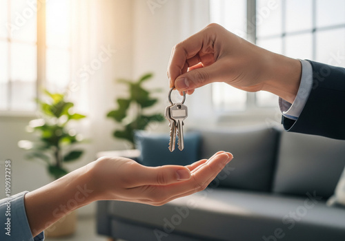 Person handing over house keys to another person in a well lit living room with a couch and plants representing home ownership and real estate transaction with a professional handing over the keys