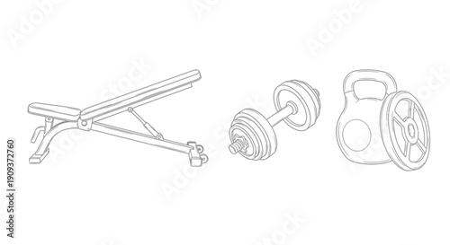 Workout Equipment: Adjustable Bench, Dumbbell, Kettlebell - Fitness and Exercise Icons