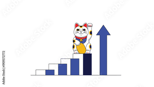 Japanese lucky cat Maneki-neko sitting on a rising bar chart with a large blue arrow symbolizing business growth and success.