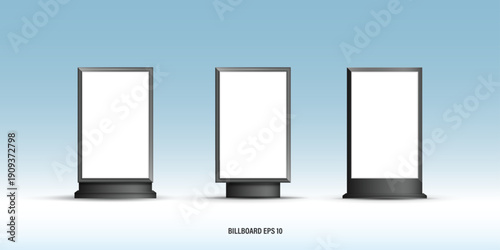 Outdoor Billboard Mockup Set, Blank Horizontal and Vertical Advertising Signage Templates, City Light Poster and Large Signboard Collection for Marketing Display on Blue Background Vector.