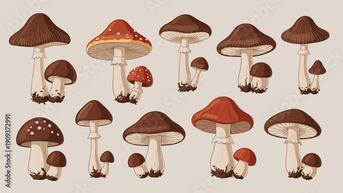 Collection of different types of wild mushrooms including brown caps and red spotted toadstools on a plain background.