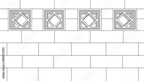 Architectural illustration of a modern white brick wall featuring geometric decorative square vent tiles with diamond patterns.