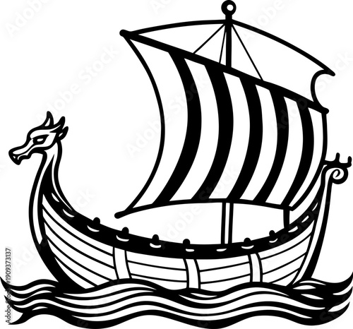 A detailed black and white illustration of a Viking ship sailing on the water. The ship is the primary subject, centered in the frame, and depicted from a slightly low angle, emphasizing its form. The