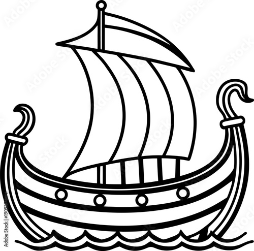 A detailed black and white illustration of a Viking ship sailing on the water. The ship is the primary subject, centered in the frame, and depicted from a slightly low angle, emphasizing its form. The