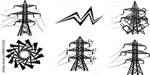 Industrial silhouette set featuring electrical utility poles, high voltage power towers, factory buildings, transmission lines, energy infrastructure, and urban icons,