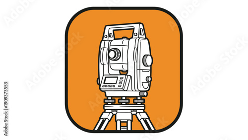 An illustration shows a surveying instrument on a tripod, inside a rounded-corner orange frame