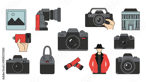 Assorted vector illustrations of photographic equipment, a building, and a figure