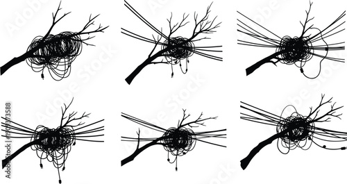 Industrial silhouette set featuring electrical utility poles, high voltage power towers, factory buildings, transmission lines, energy infrastructure, and urban scenery,