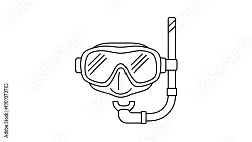 Black and white illustration of diving mask and snorkel. Outline on a white background