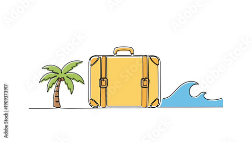 A line-art illustration depicts a yellow suitcase with palm tree and ocean waves