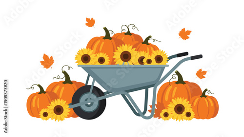 Grey wheelbarrow overflowing with large orange pumpkins and yellow sunflowers surrounded by scattered autumn maple leaves on white.